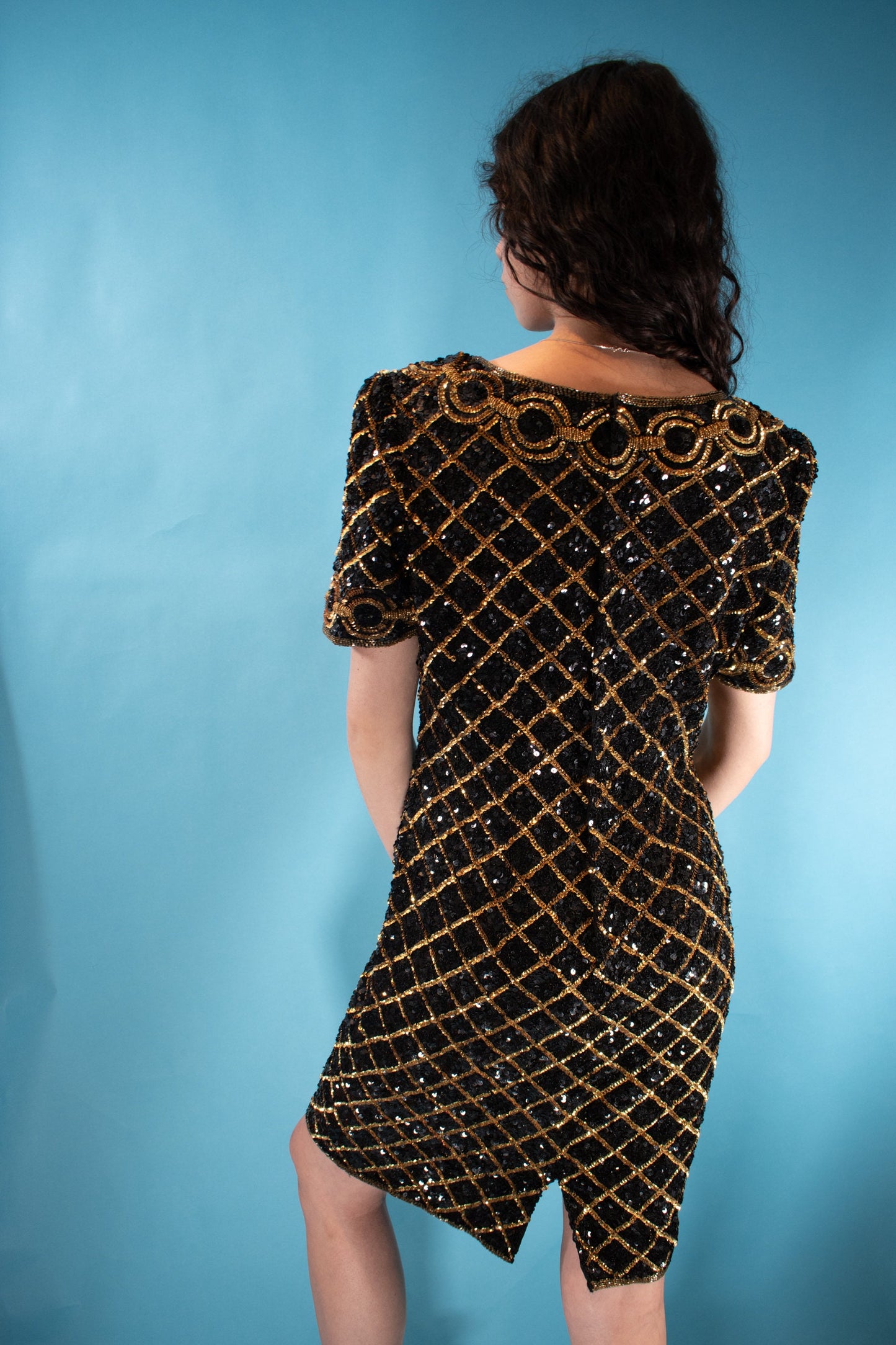 Vintage 1980s Size M Full Sequin Silk Dress in Black & Gold Diamond.