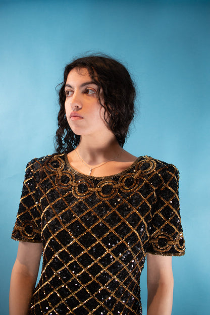 Vintage 1980s Size M Full Sequin Silk Dress in Black & Gold Diamond.