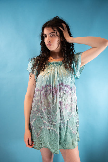 Vintage Y2K Size S/M Satin Baby Doll Mini Dress in Blue & Purple.