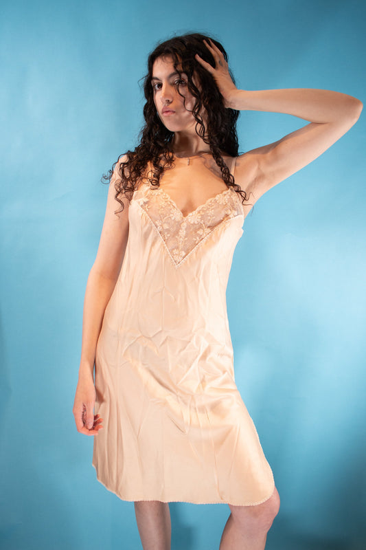 Vintage 1980s Size S Lace Insert Slip Dress in Nude.