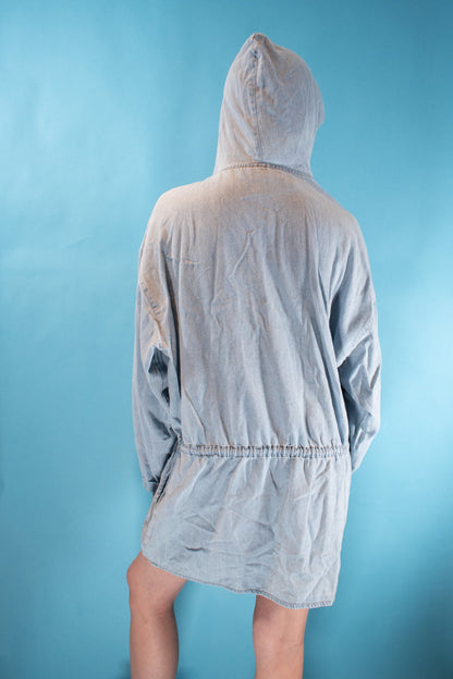 Vintage 1980s Size L Denim Hooded Dress in Light Wash.