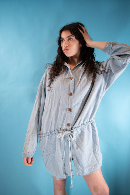 Vintage 1980s Size L Denim Hooded Dress in Light Wash.