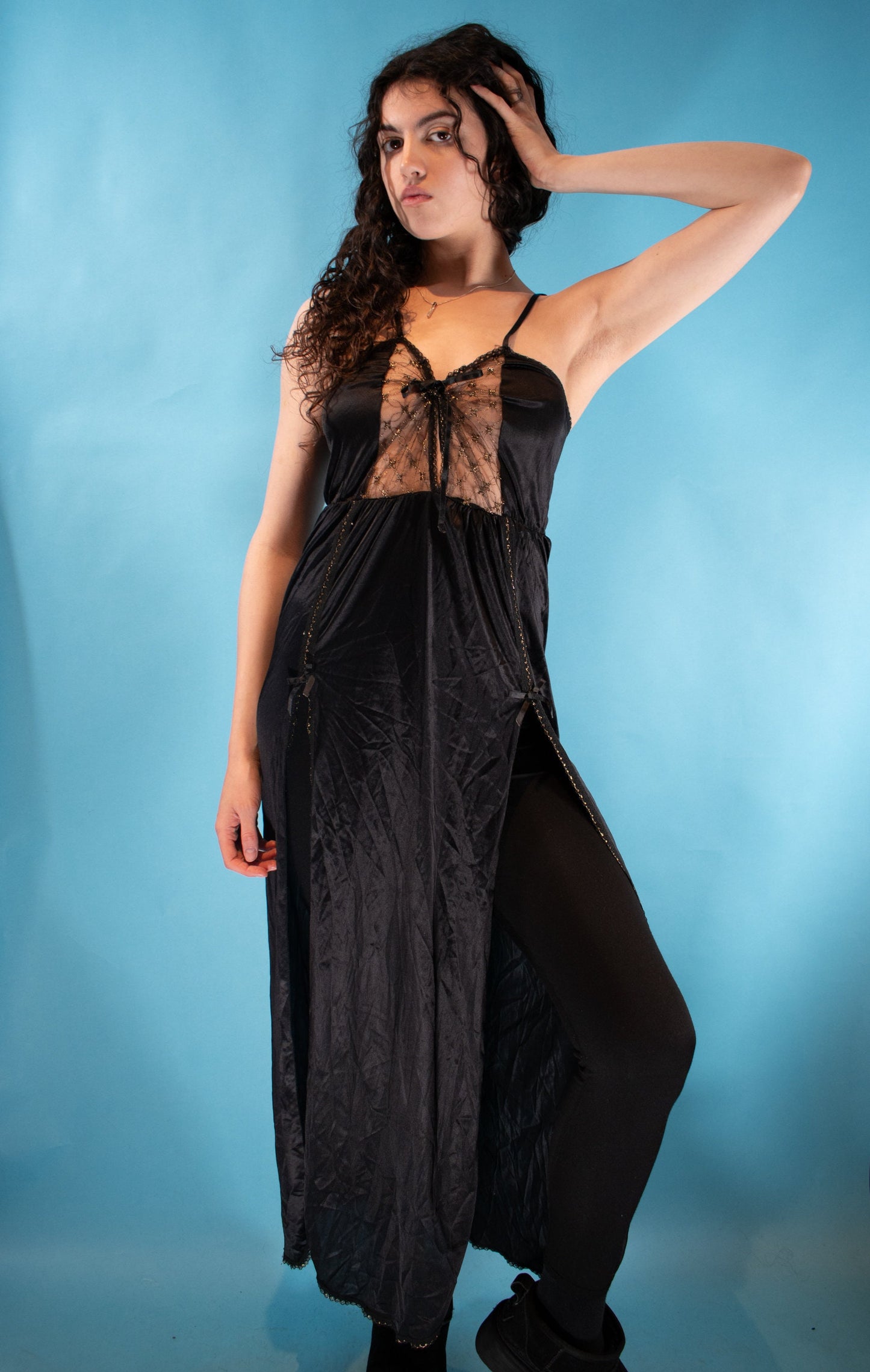 Vintage Y2K Size S/M Gothic Plunge Tie Up Maxi Dress with Slits in Black Satin.