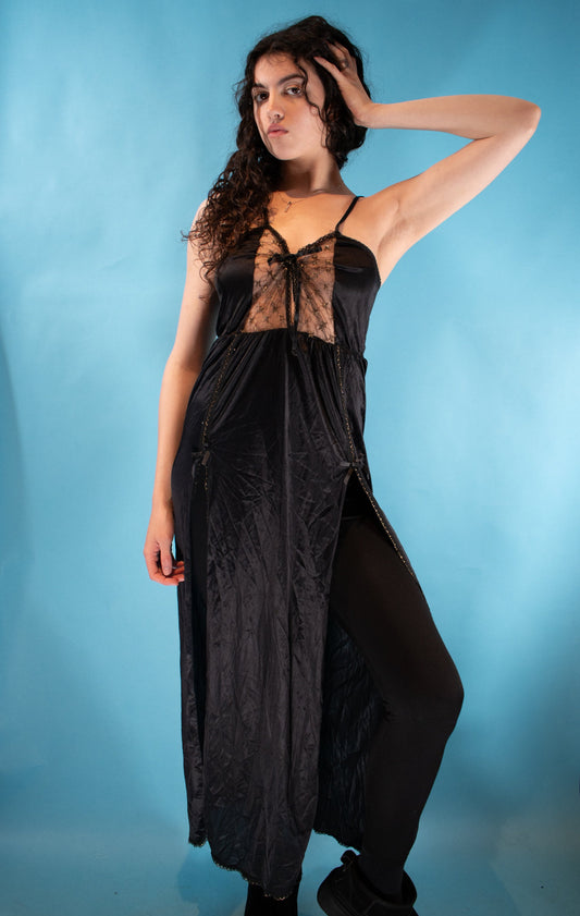 Vintage Y2K Size S/M Gothic Plunge Tie Up Maxi Dress with Slits in Black Satin.
