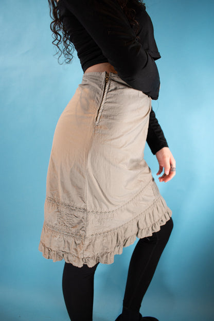 Vintage 1990s Size M Benneton Frilled Cargo Skirt in Khaki.