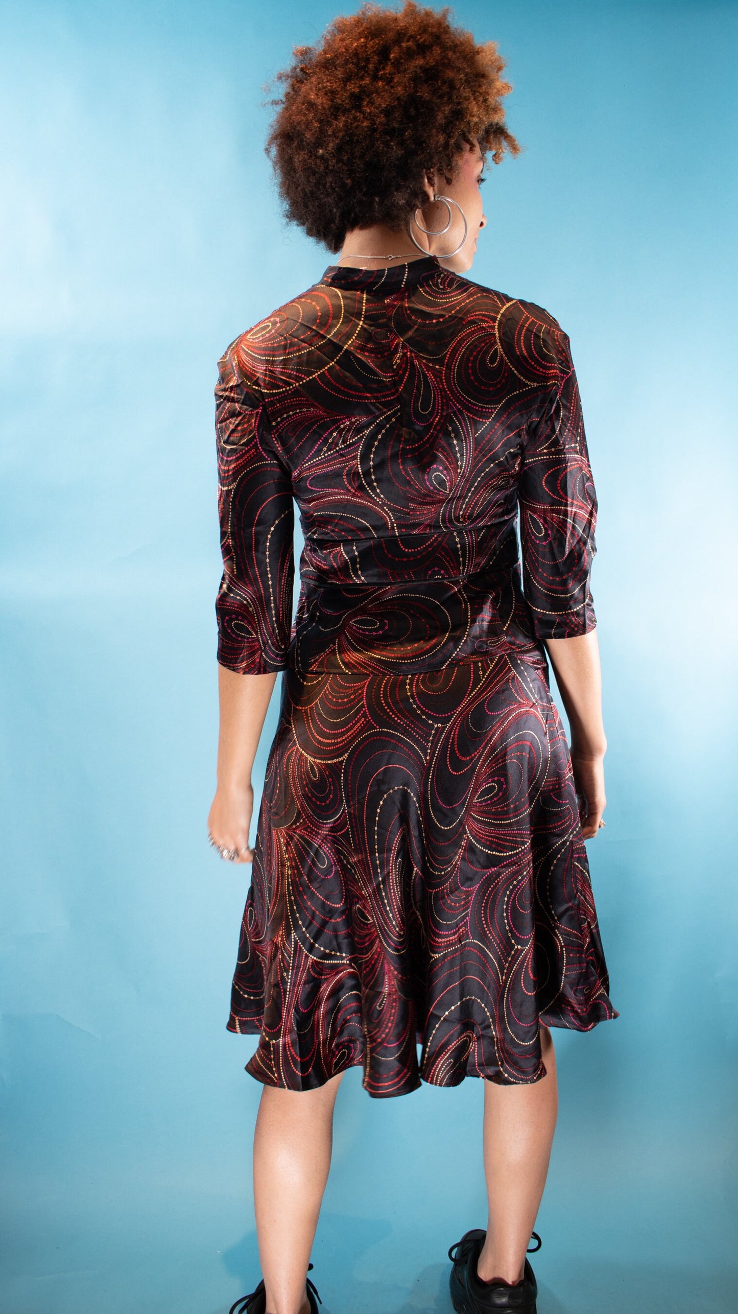 Vintage Y2K Size S Satin Shirt and Skirt Set in Black and Red.