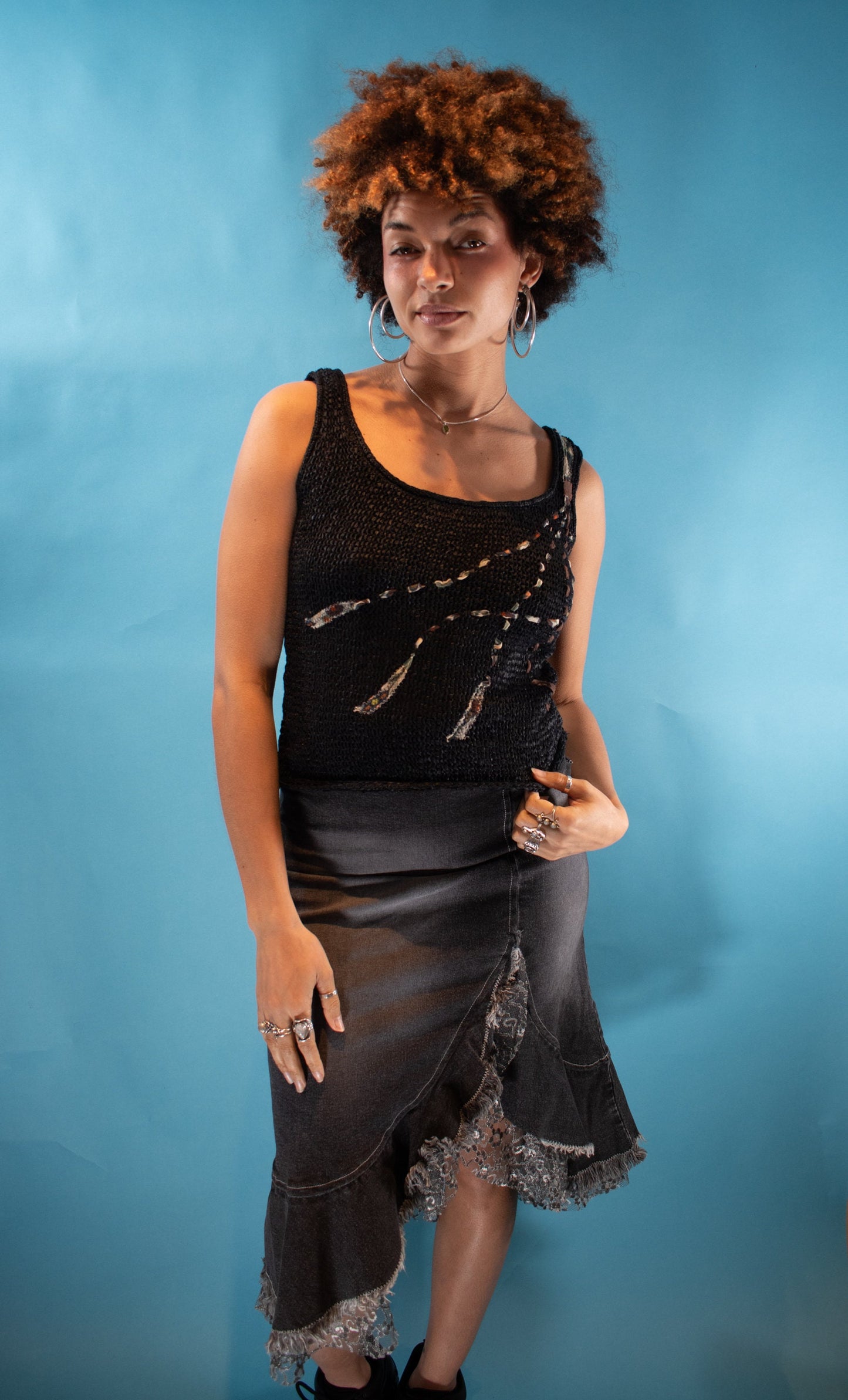 Vintage 1990s Size M Knitted Tank Top in Black and Multi.