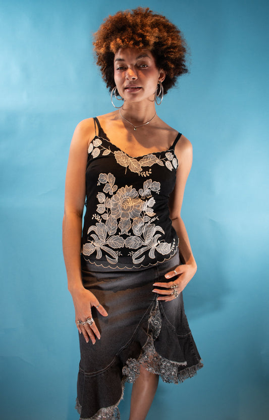 Vintage Y2K Size S Applique Cami Top in Black Floral.