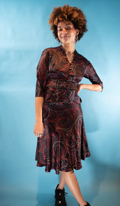 Vintage Y2K Size S Satin Shirt and Skirt Set in Black and Red.