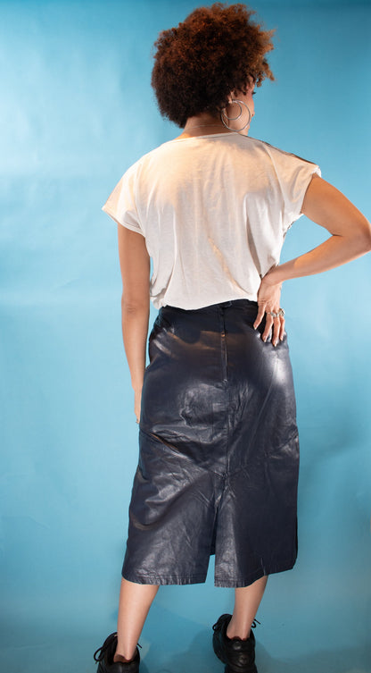 Vintage Y2K Size S Leather Midi Skirt in Navy.