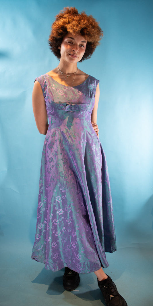 Vintage Size S/M 1950s Scoop Neck Prom Dress in Blue and Purple Brocade Satin.