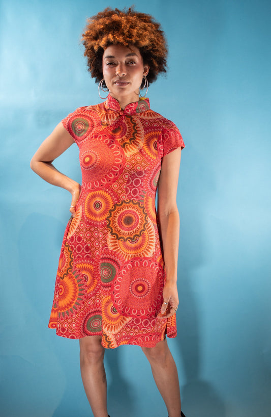 Vintage 1990s Y2K Size M Mandala Print Mandarin Style Dress in Orange.