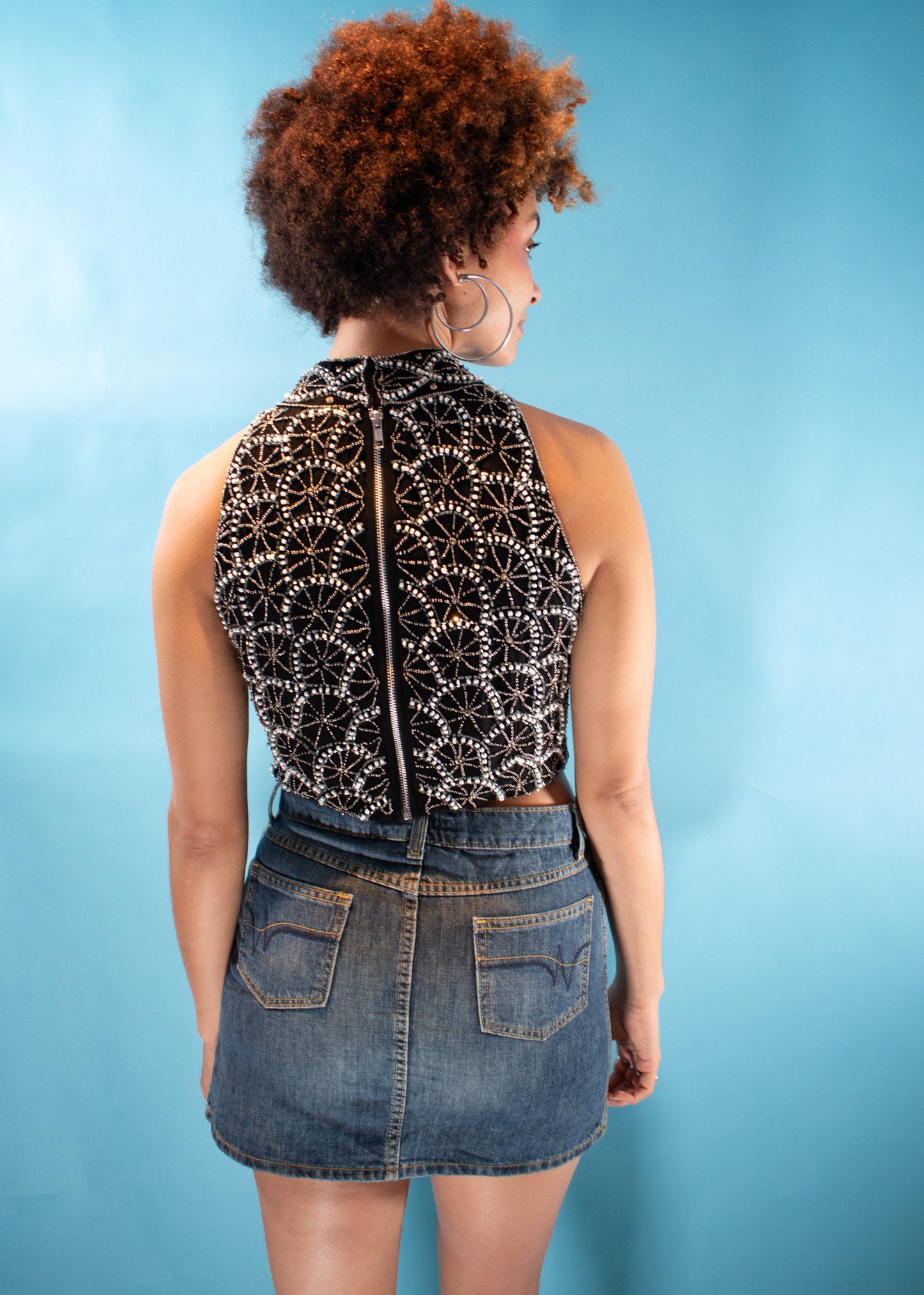 Vintage Y2K Size S/M Embellished Halter Neck Top in Black and Silver.