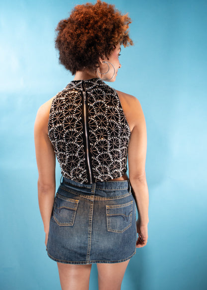 Vintage Y2K Size S/M Embellished Halter Neck Top in Black and Silver.
