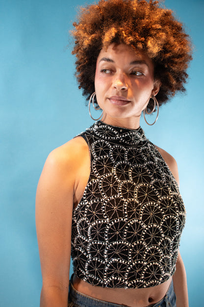 Vintage Y2K Size S/M Embellished Halter Neck Top in Black and Silver.