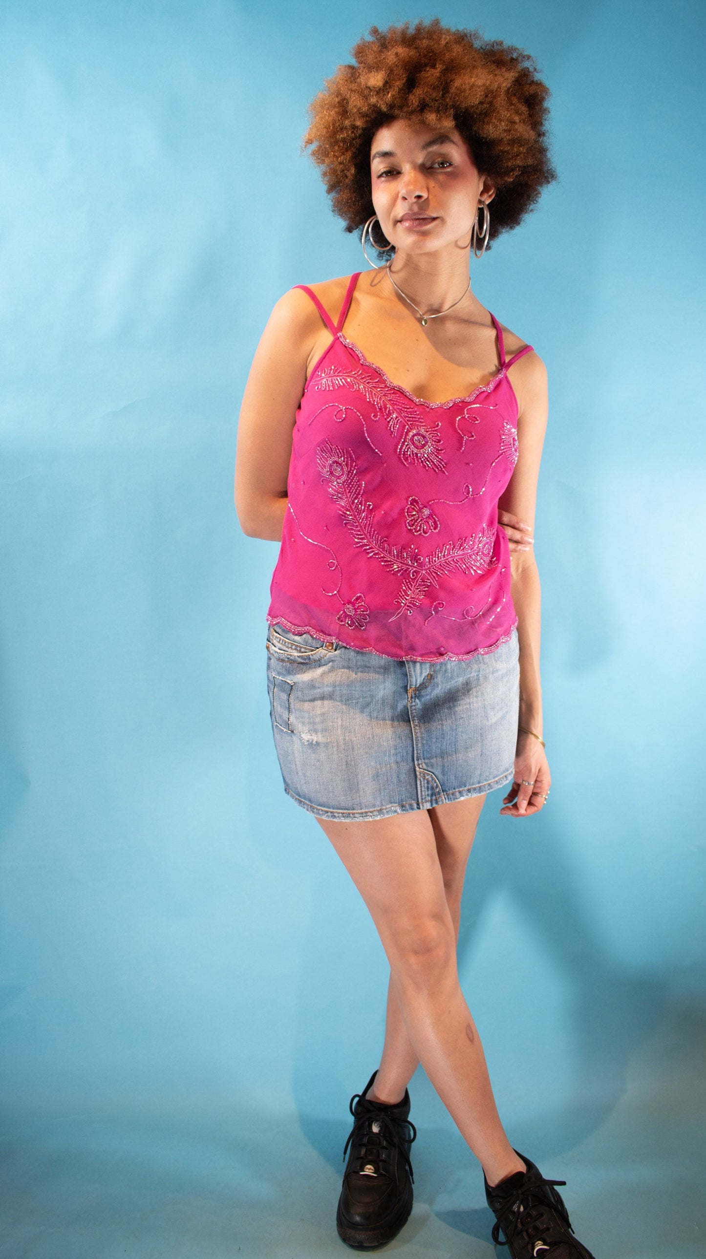 Vintage Y2K S/M Bead Embellished Cami Top in Hot Pink.