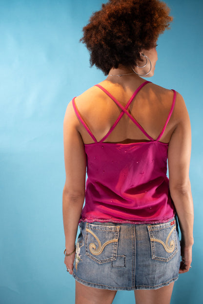 Vintage Y2K S/M Bead Embellished Cami Top in Hot Pink.