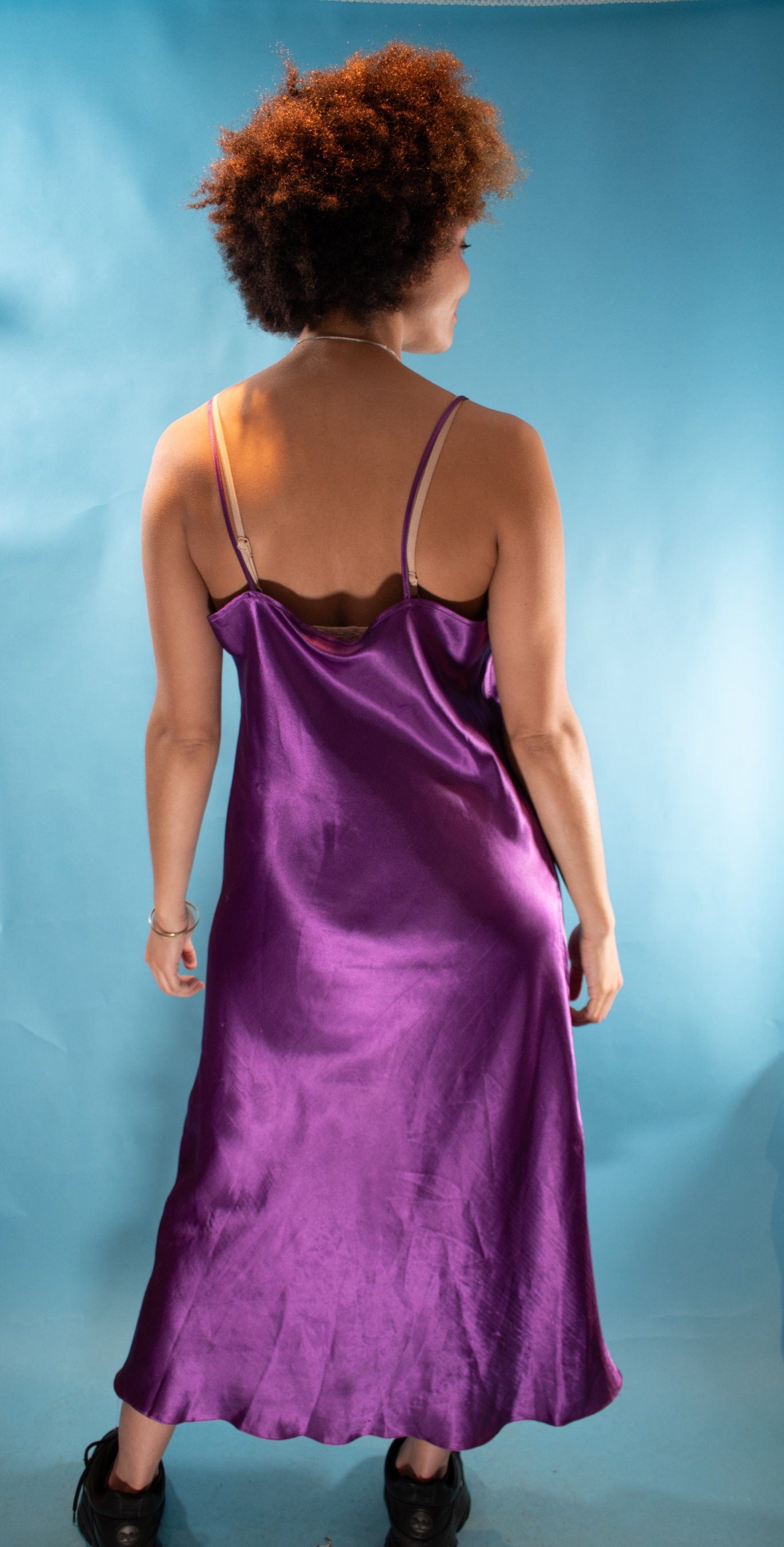 Vintage Y2K L/XL Satin Maxi Slip Dress in Purple.
