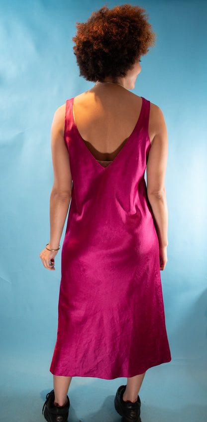 Vintage Y2K L Lace Trimmed Satin Slip Dress in Pink.