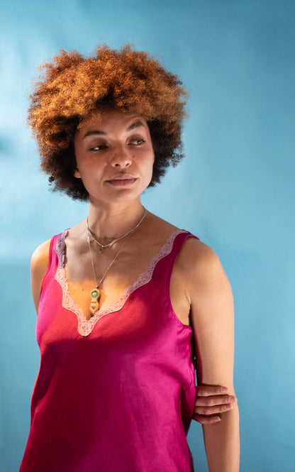 Vintage Y2K L Lace Trimmed Satin Slip Dress in Pink.