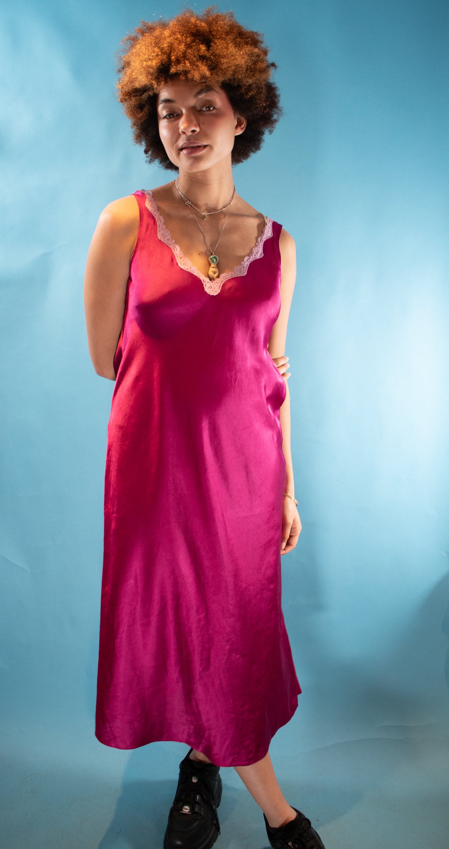 Vintage Y2K L Lace Trimmed Satin Slip Dress in Pink.