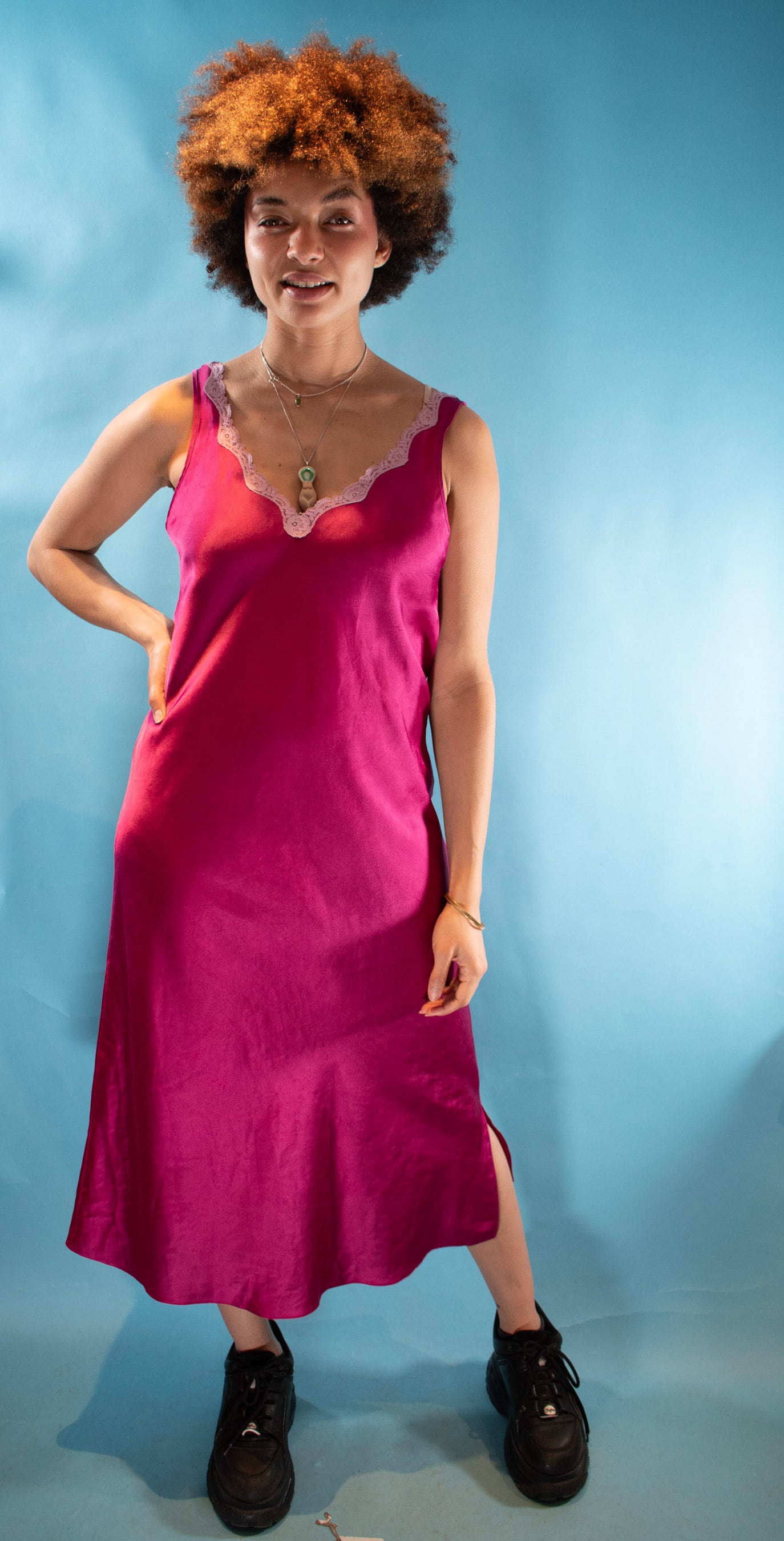 Vintage Y2K L Lace Trimmed Satin Slip Dress in Pink.