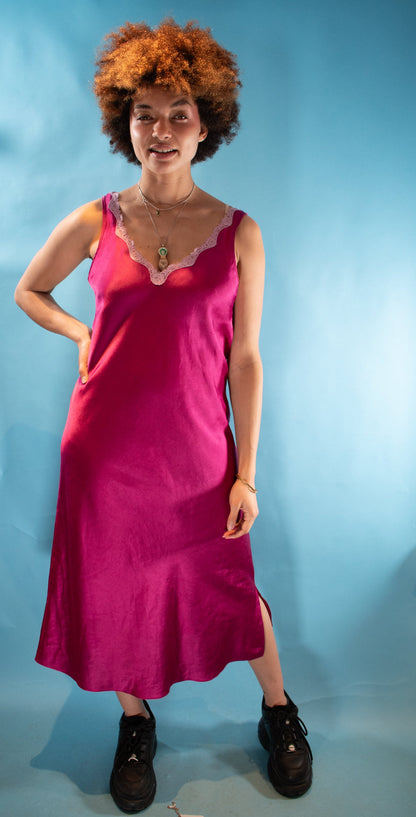 Vintage Y2K L Lace Trimmed Satin Slip Dress in Pink.