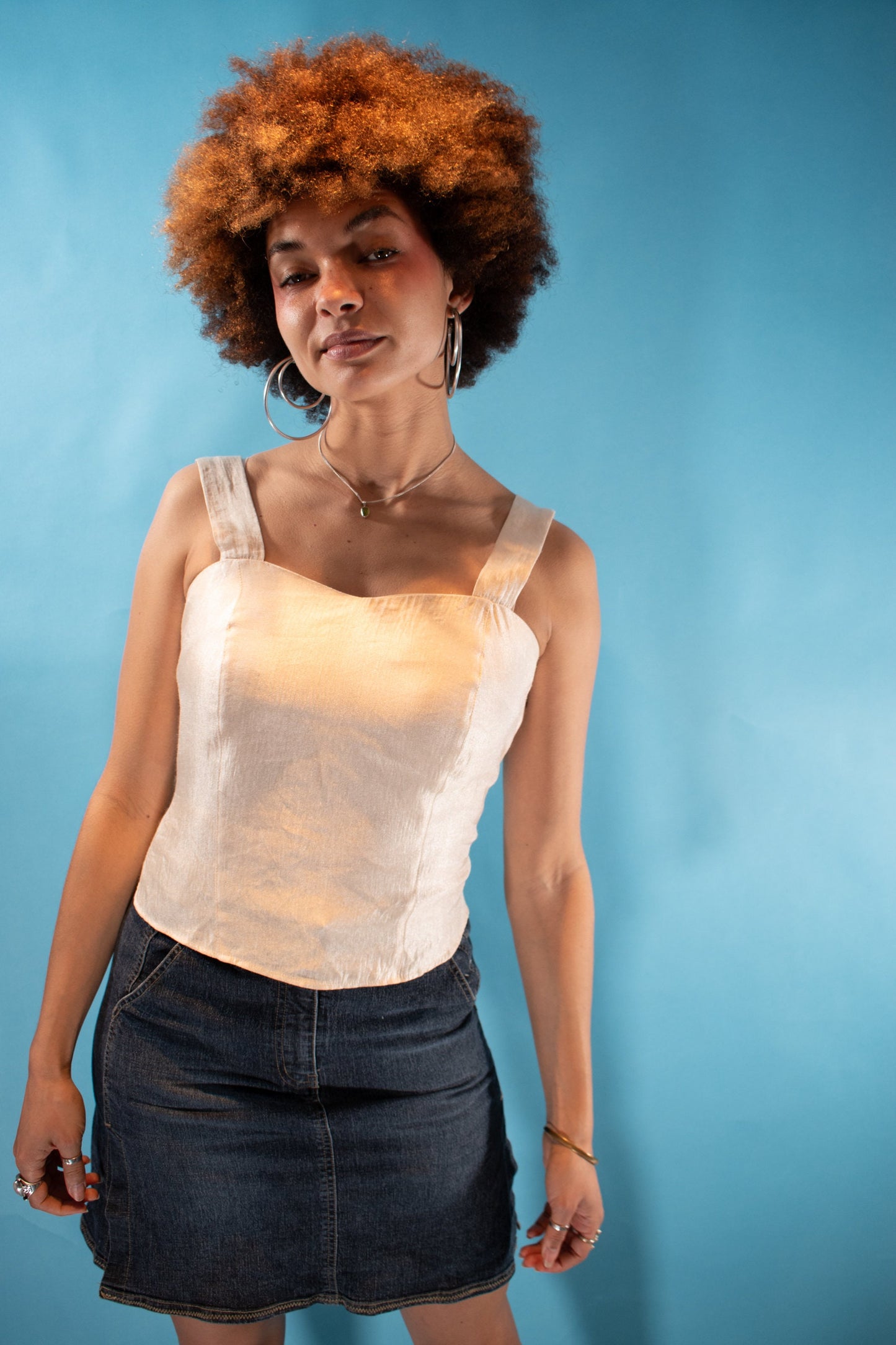 Vintage Y2K M Satin Square Neck Cropped Top in Ivory.
