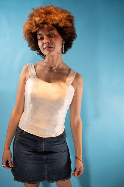 Vintage Y2K M Satin Square Neck Cropped Top in Ivory.