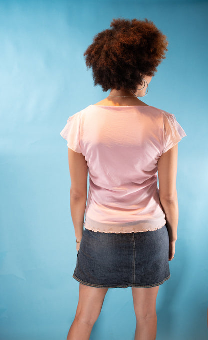 Vintage Y2K M Embellished V Neck Fairy Top in Baby Pink.