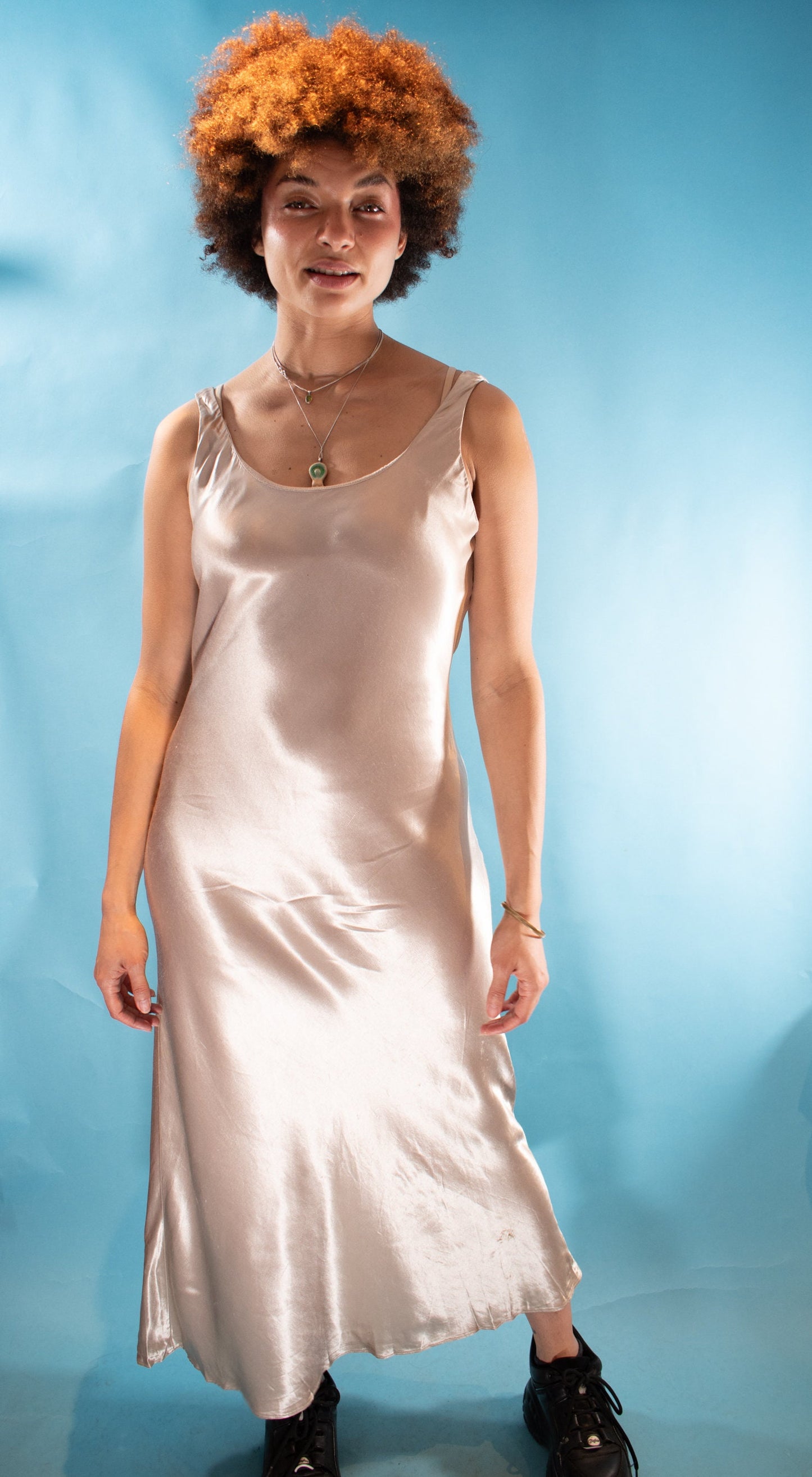 Vintage Y2K M/L Satin Bias Cut Slip Dress in Champagne.