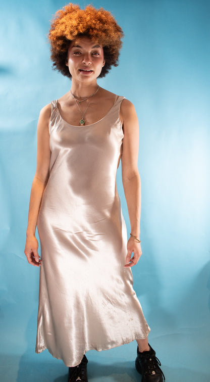 Vintage Y2K M/L Satin Bias Cut Slip Dress in Champagne.