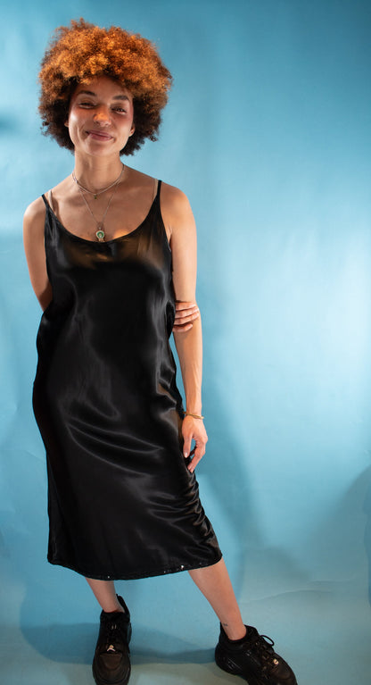 Vintage 1990s M/L Laura Ashley Satin Slip Dress in Black.