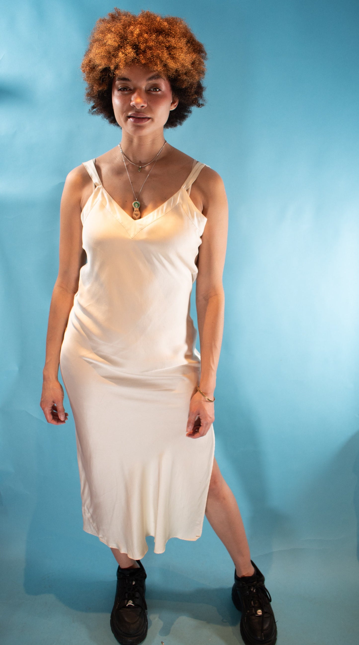 Vintage 1990s M V Neck Backless Silk Slip Dress in Ivory.