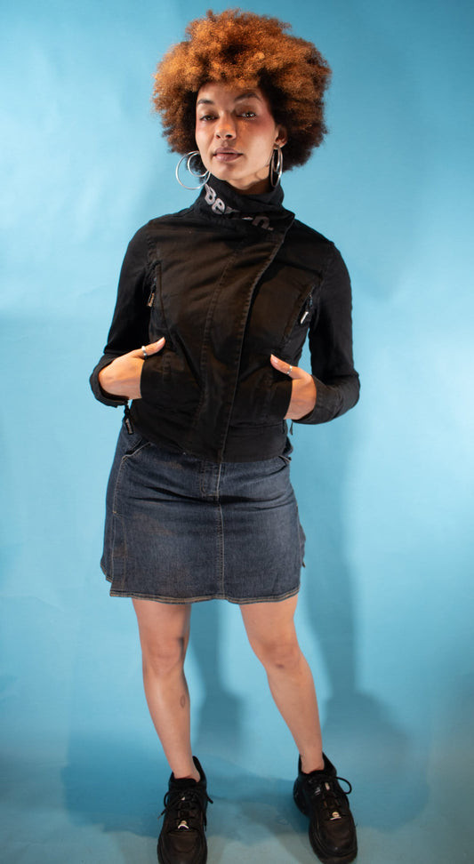 Vintage Y2K S Bench Asymmetric Zip Up Denim Biker Jacket in Black.