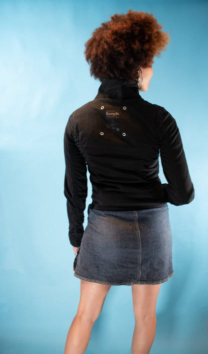 Vintage Y2K S Bench Asymmetric Zip Up Denim Biker Jacket in Black.