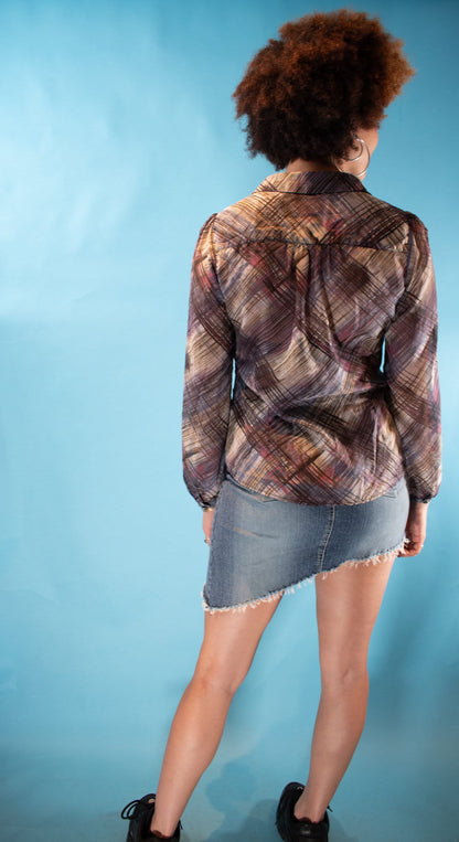 Vintage Y2K M Striped Checked Shirt in Purple.