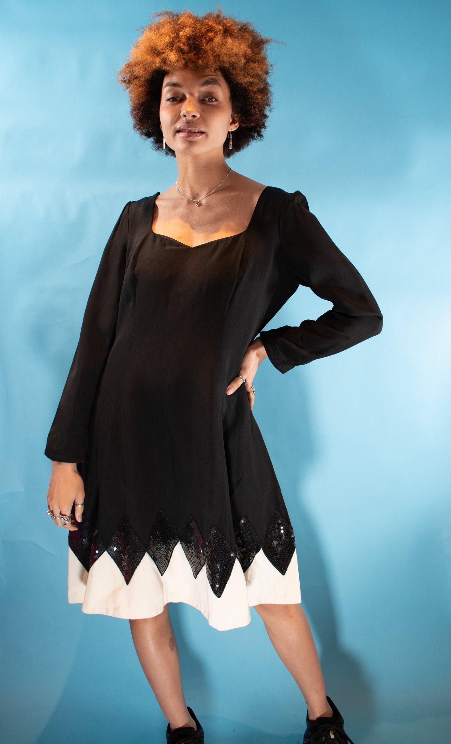 Vintage 1980s L Diamond Sequin Embellished Skater Dress in Black & White.