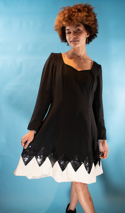 Vintage 1980s L Diamond Sequin Embellished Skater Dress in Black & White.