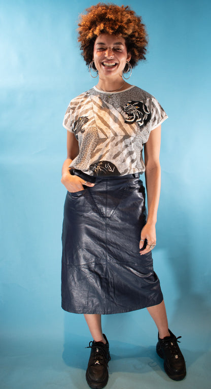 Vintage Y2K Size S Leather Midi Skirt in Navy.