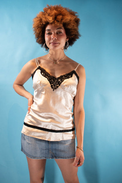 Vintage Y2K Size M Lace Trimmed Satin Cami in Gold.