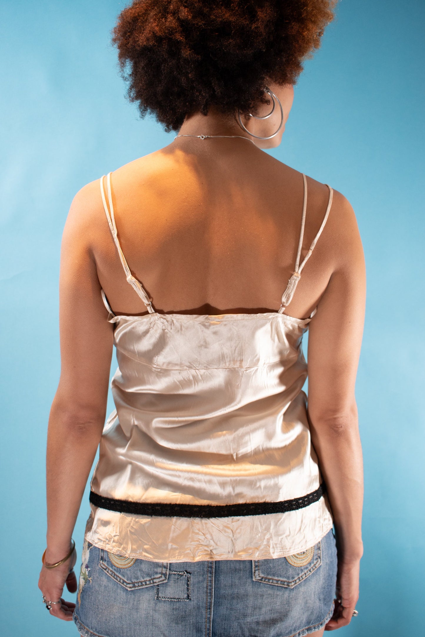 Vintage Y2K Size M Lace Trimmed Satin Cami in Gold.