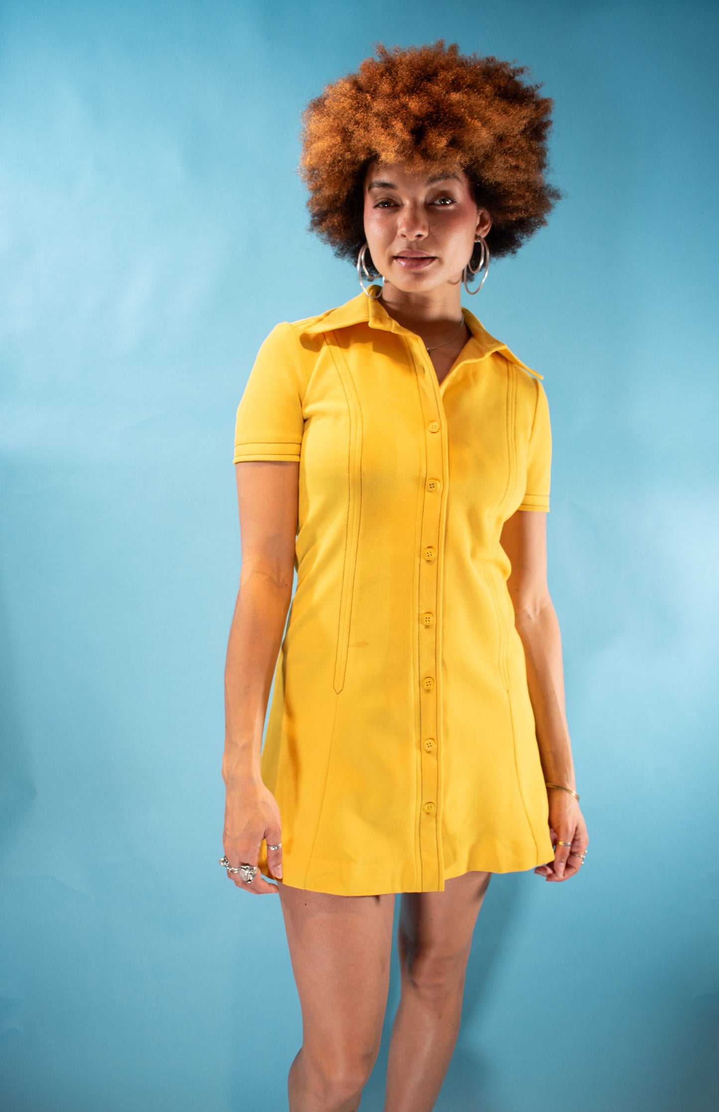 Vintage 1970s Size S/M Fit and Flare Mini Mod Dress in Canary Yellow.