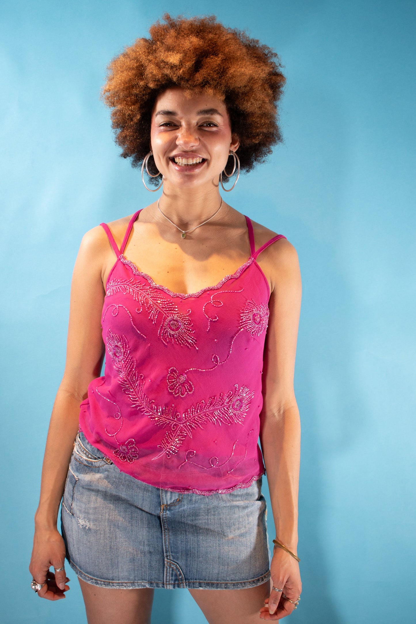 Vintage Y2K S/M Bead Embellished Cami Top in Hot Pink.