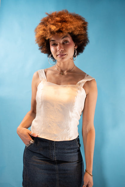 Vintage Y2K M Satin Square Neck Cropped Top in Ivory.