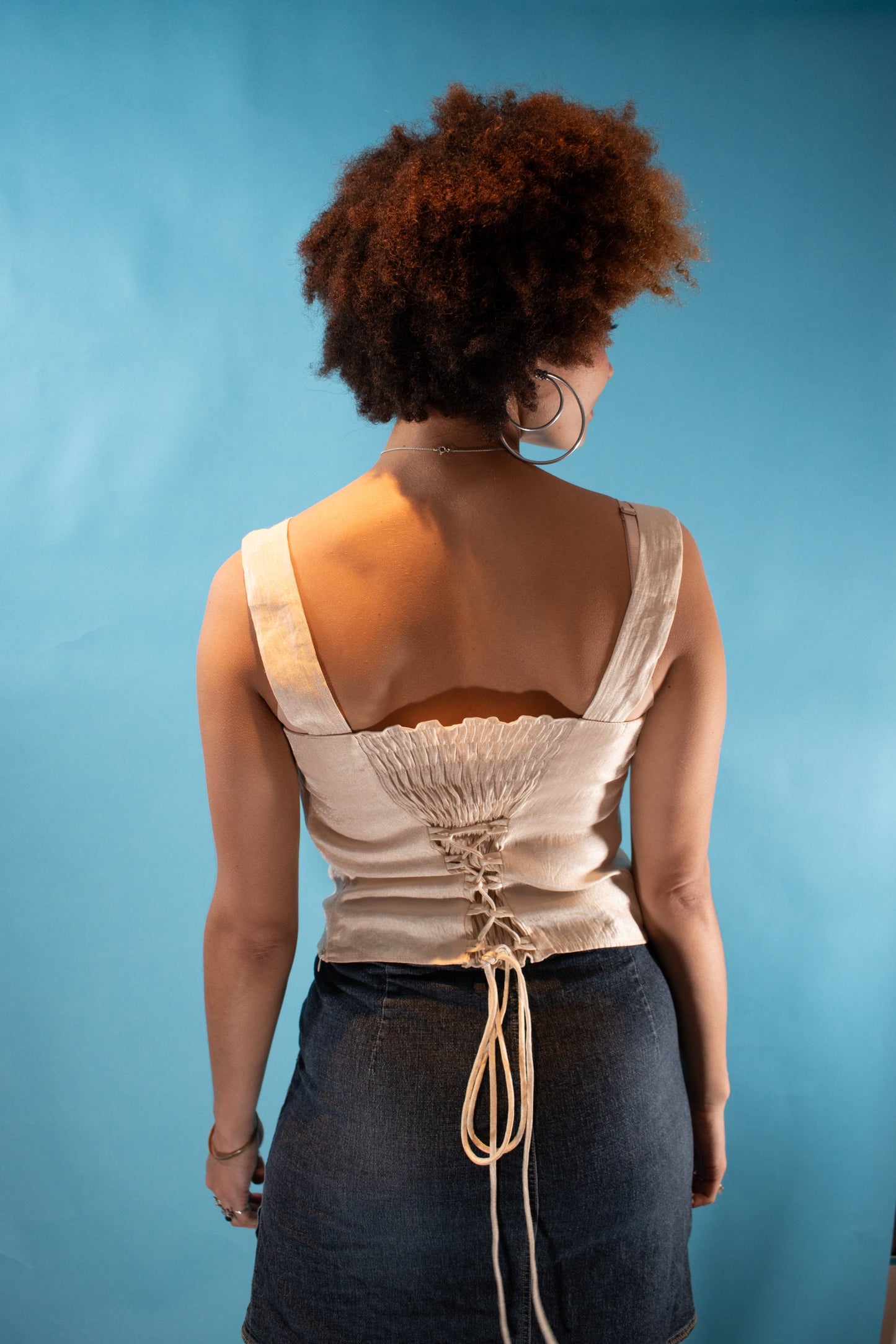Vintage Y2K M Satin Square Neck Cropped Top in Ivory.