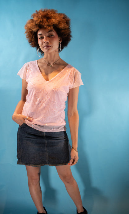 Vintage Y2K M Embellished V Neck Fairy Top in Baby Pink.