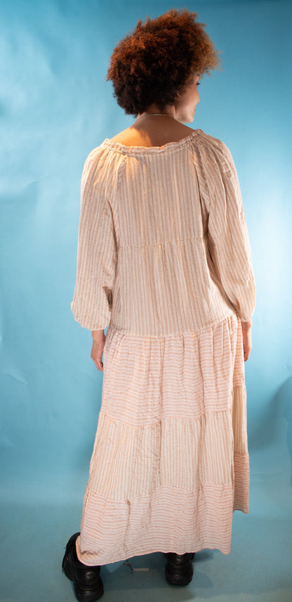 Vintage Y2K M/L Cotton Striped Boho Maxi Dress in Beige and Red.
