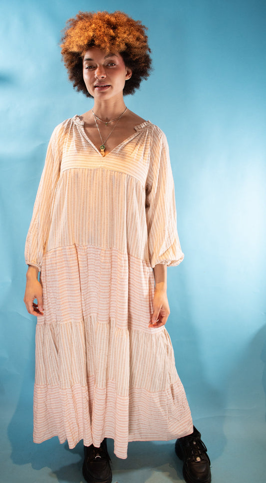 Vintage Y2K M/L Cotton Striped Boho Maxi Dress in Beige and Red.