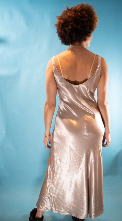 Vintage Y2K M/L Satin Bias Cut Slip Dress in Champagne.